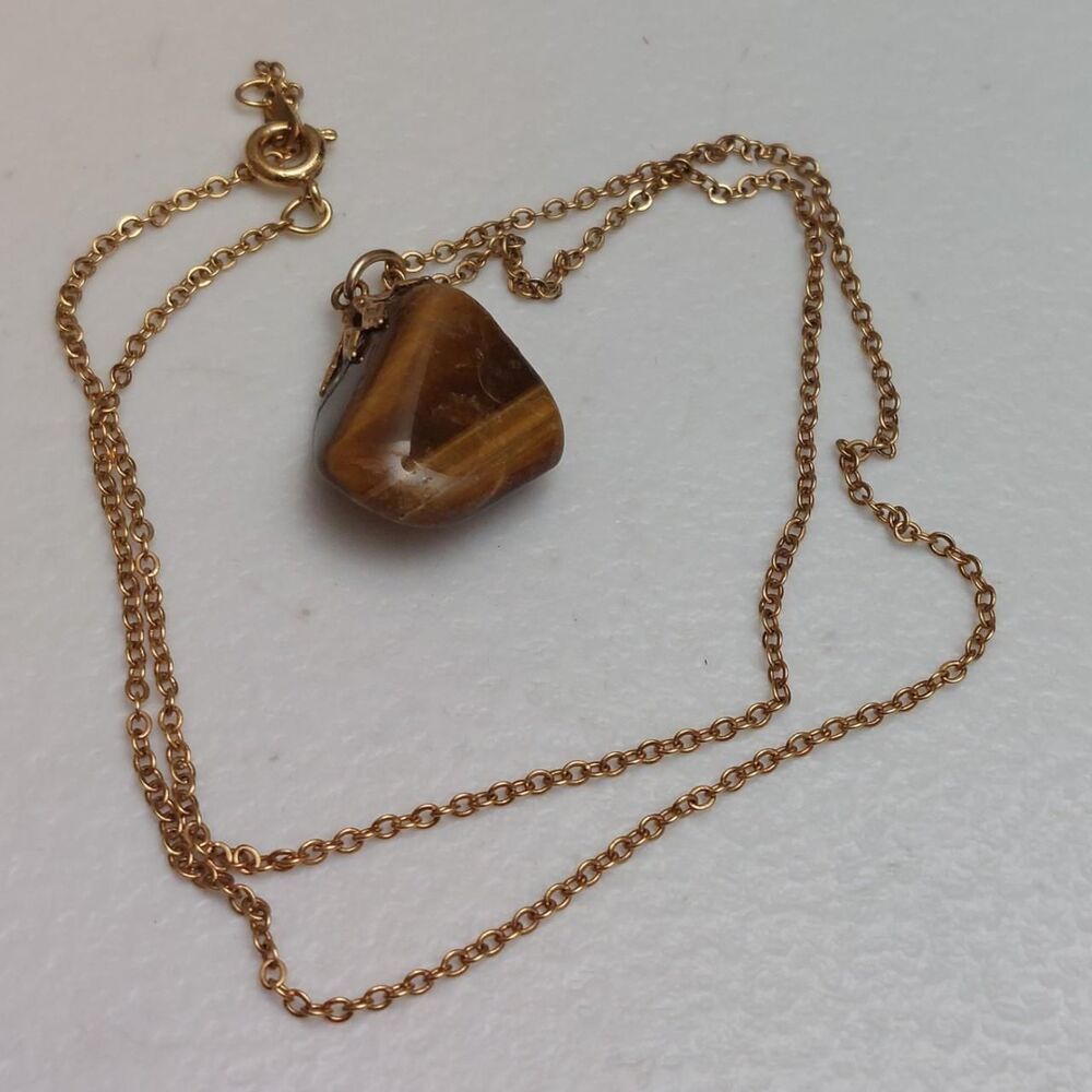 Vintage Gold Tone Necklace Tumbled Tiger's Eye Natural Gemstone Pendant
